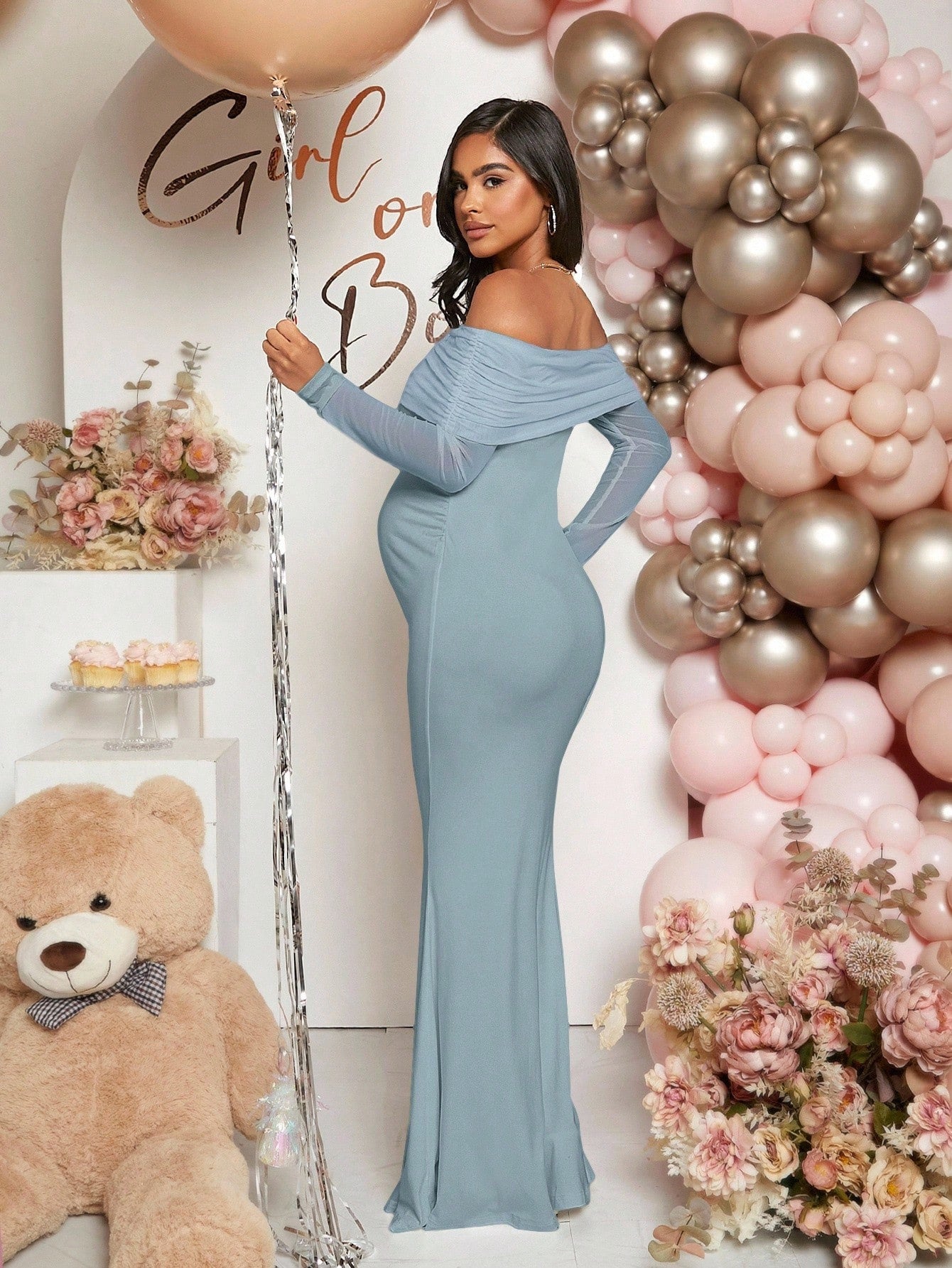 Pregnancy-friendly off-shoulder mermaid-style long-sleeve dress