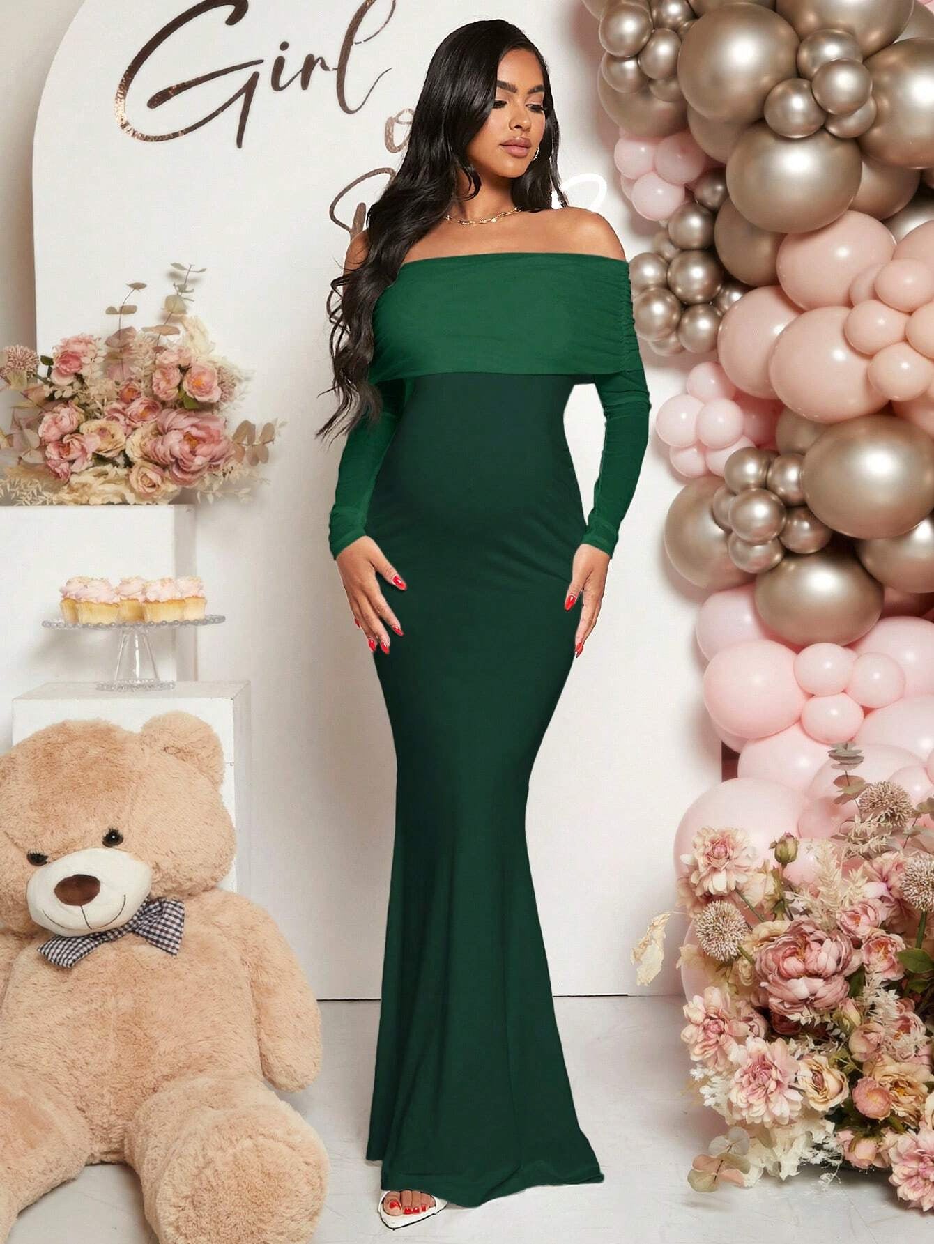 Pregnancy-friendly off-shoulder mermaid-style long-sleeve dress