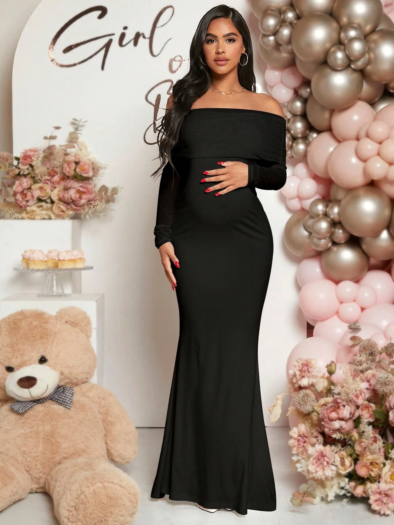 Pregnancy-friendly off-shoulder mermaid-style long-sleeve dress